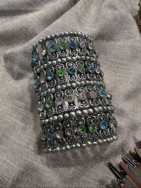 Multi-Row Filigree Cuff Bracelet with Pastel Rhinestones